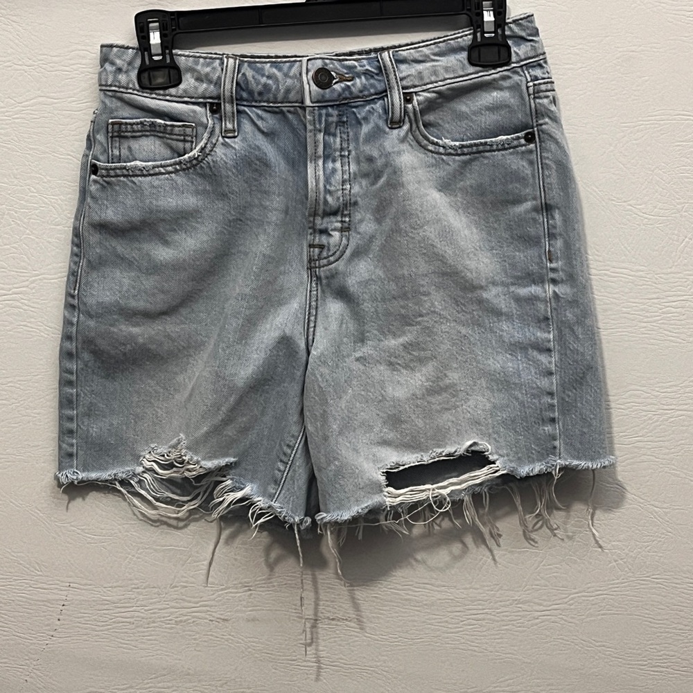 Hidden High Waist Distressed Light Blue Denim Dad Shorts Small